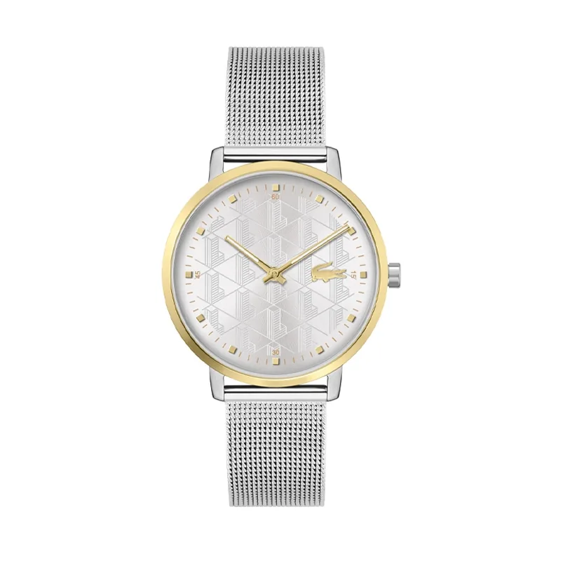 Reloj Lacoste analogo, para Dama, tablero redondo colores plateado y dorado, estilo puntos, pulso acero color plateado