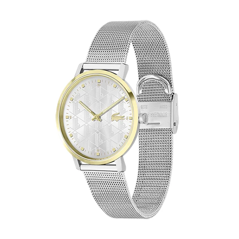 Reloj Lacoste analogo, para Dama, tablero redondo colores plateado y dorado, estilo puntos, pulso acero color plateado