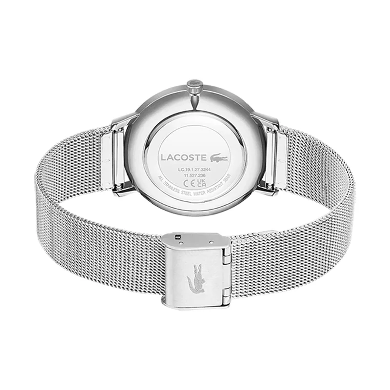 Reloj Lacoste analogo, para Dama, tablero redondo colores plateado y dorado, estilo puntos, pulso acero color plateado