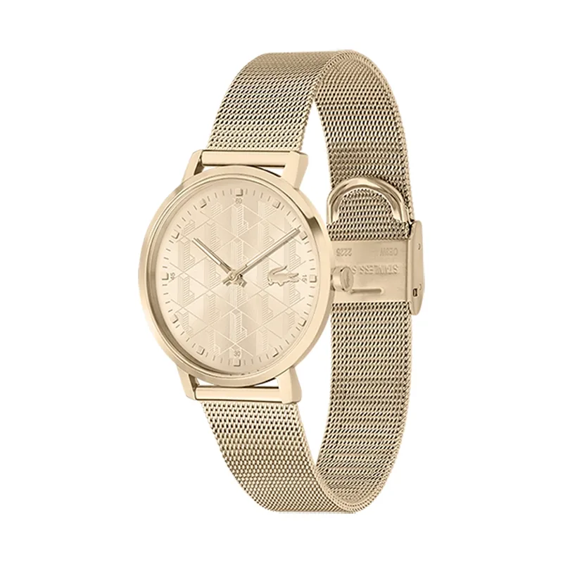 Reloj Lacoste analogo, para Dama, tablero redondo color rosa, estilo puntos, pulso acero color rosa