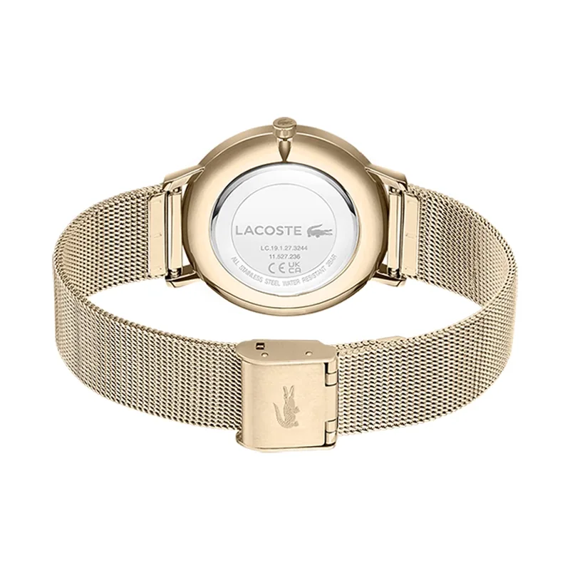 Reloj Lacoste analogo, para Dama, tablero redondo color rosa, estilo puntos, pulso acero color rosa