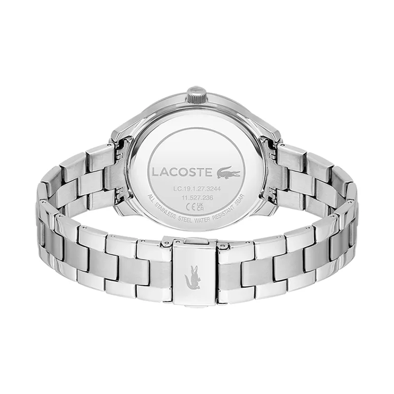 Reloj Lacoste analogo, para Dama, tablero redondo color rosa, estilo index, pulso acero color plateado