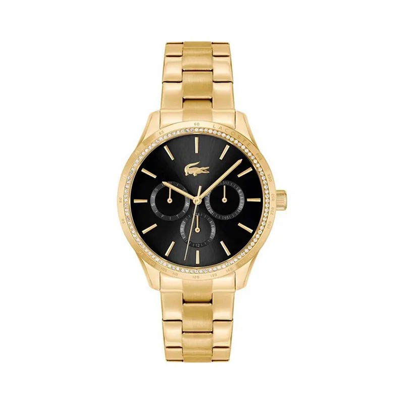 Reloj Lacoste analogo, para Dama, tablero redondo colores negro y dorado, estilo index, pulso acero color dorado