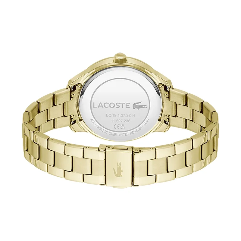 Reloj Lacoste analogo, para Dama, tablero redondo colores negro y dorado, estilo index, pulso acero color dorado
