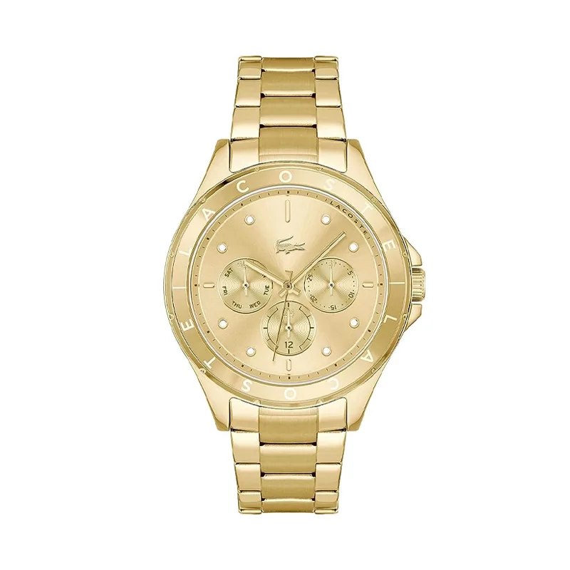 Reloj Lacoste analogo, para Dama, tablero redondo color dorado, estilo index + puntos, pulso acero color dorado