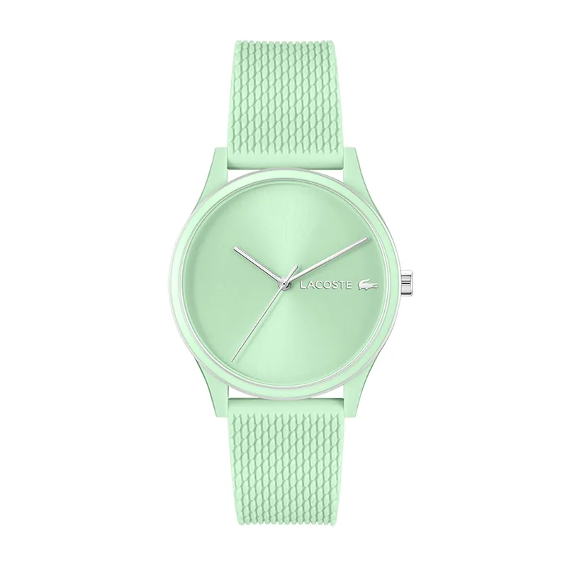 Reloj Lacoste analogo, para Dama, tablero redondo color verde, estilo sin numeros, pulso silicona color verde