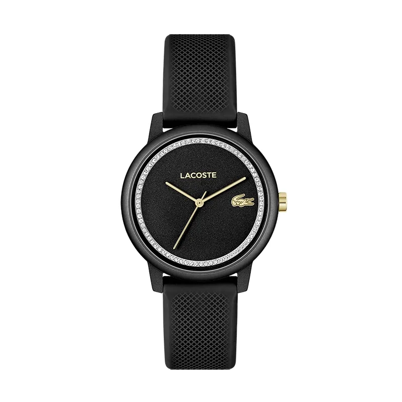 Reloj Lacoste analogo, para Dama, tablero redondo color negro, estilo sin numeros, pulso silicona color negro