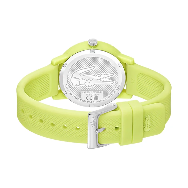 Reloj Lacoste analogo, para Dama, tablero redondo color verde, estilo index, pulso silicona color verde