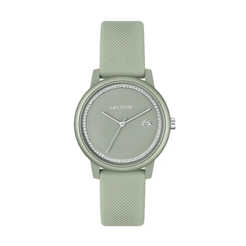 Reloj Lacoste analogo, para Dama, tablero redondo color verde, estilo sin numeros, pulso silicona color verde