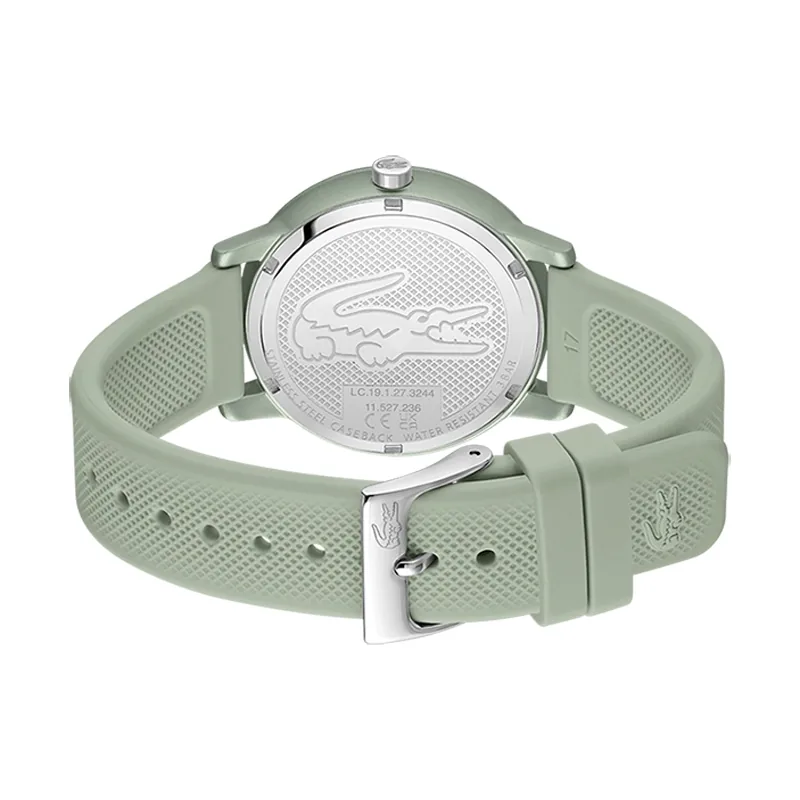 Reloj Lacoste analogo, para Dama, tablero redondo color verde, estilo sin numeros, pulso silicona color verde