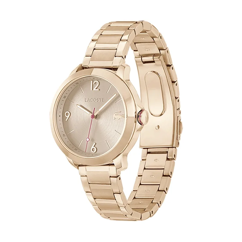 Reloj Lacoste analogo, para Dama, tablero redondo color rosa, estilo index + arabigo, pulso acero color rosa