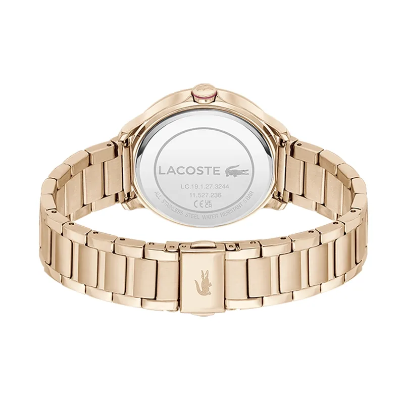 Reloj Lacoste analogo, para Dama, tablero redondo color rosa, estilo index + arabigo, pulso acero color rosa