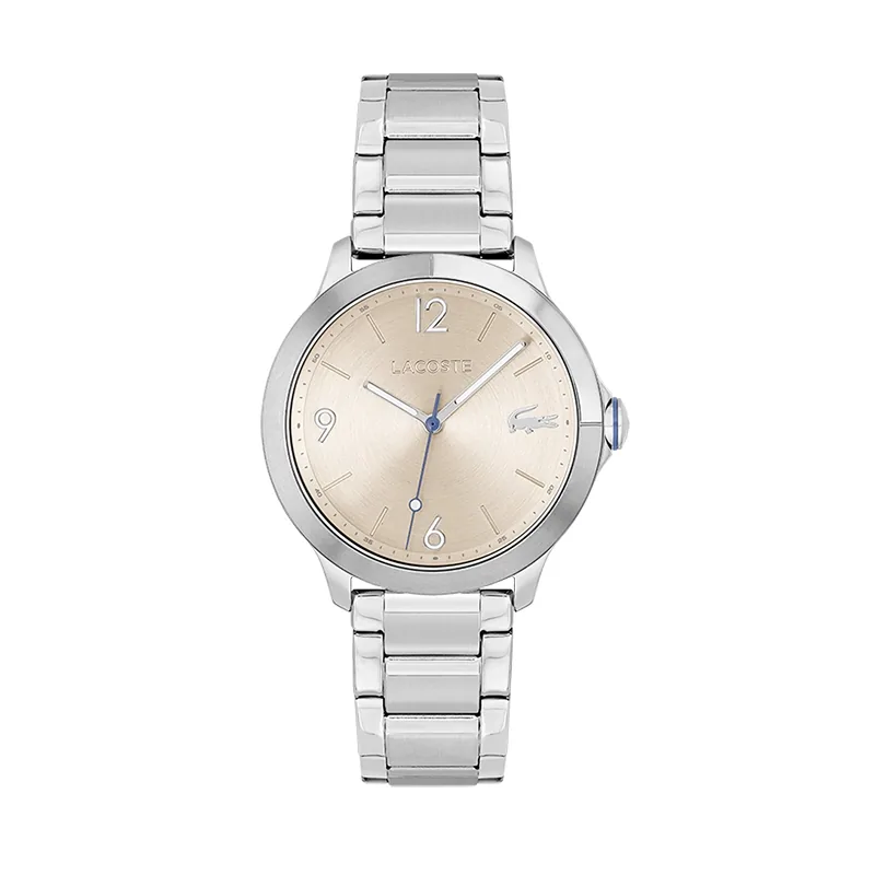 Reloj Lacoste analogo, para Dama, tablero redondo color rosa, estilo index + arabigo, pulso acero color plateado