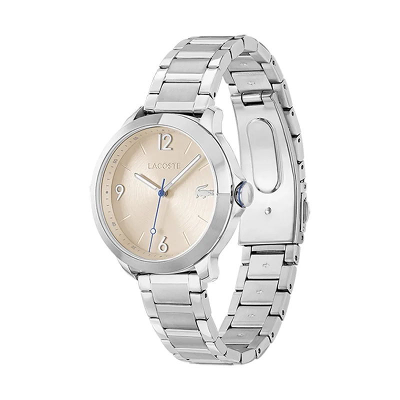 Reloj Lacoste analogo, para Dama, tablero redondo color rosa, estilo index + arabigo, pulso acero color plateado