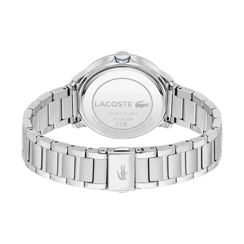 Reloj Lacoste analogo, para Dama, tablero redondo color rosa, estilo index + arabigo, pulso acero color plateado