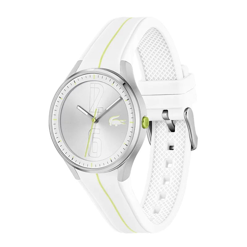Reloj Lacoste analogo, para Dama, tablero redondo, estilo index + arabigo, pulso silicona