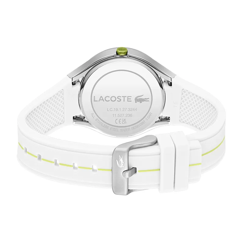 Reloj Lacoste analogo, para Dama, tablero redondo, estilo index + arabigo, pulso silicona