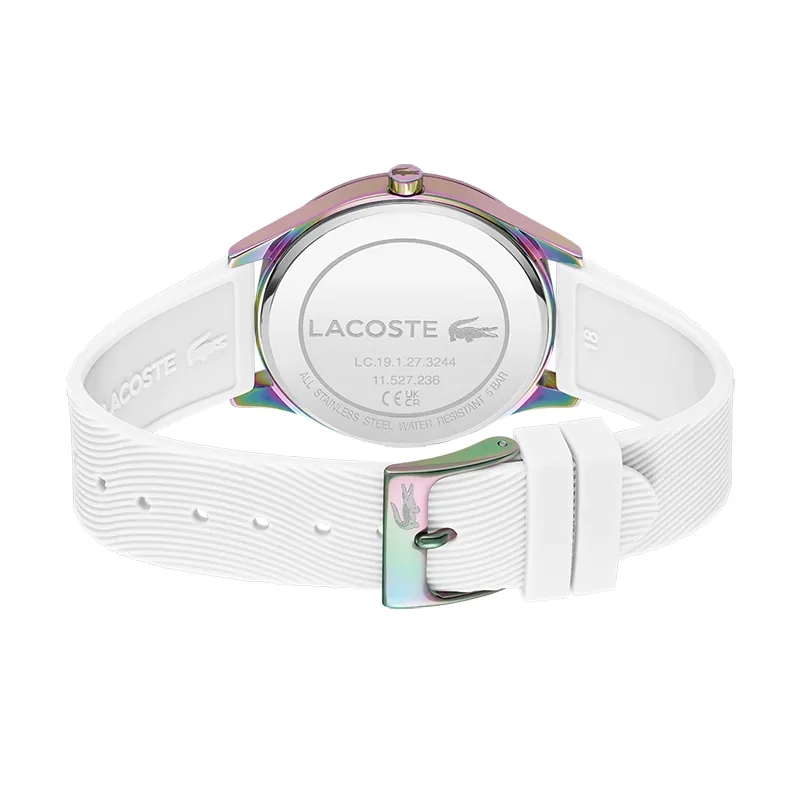 Reloj Lacoste analogo, para Dama, tablero redondo, estilo sin numeros, pulso silicona