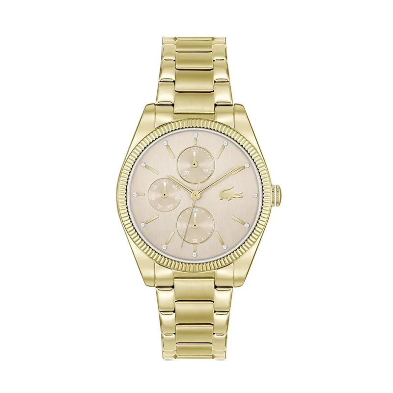 Reloj Lacoste analogo, para Dama, tablero redondo, estilo index + puntos, pulso acero