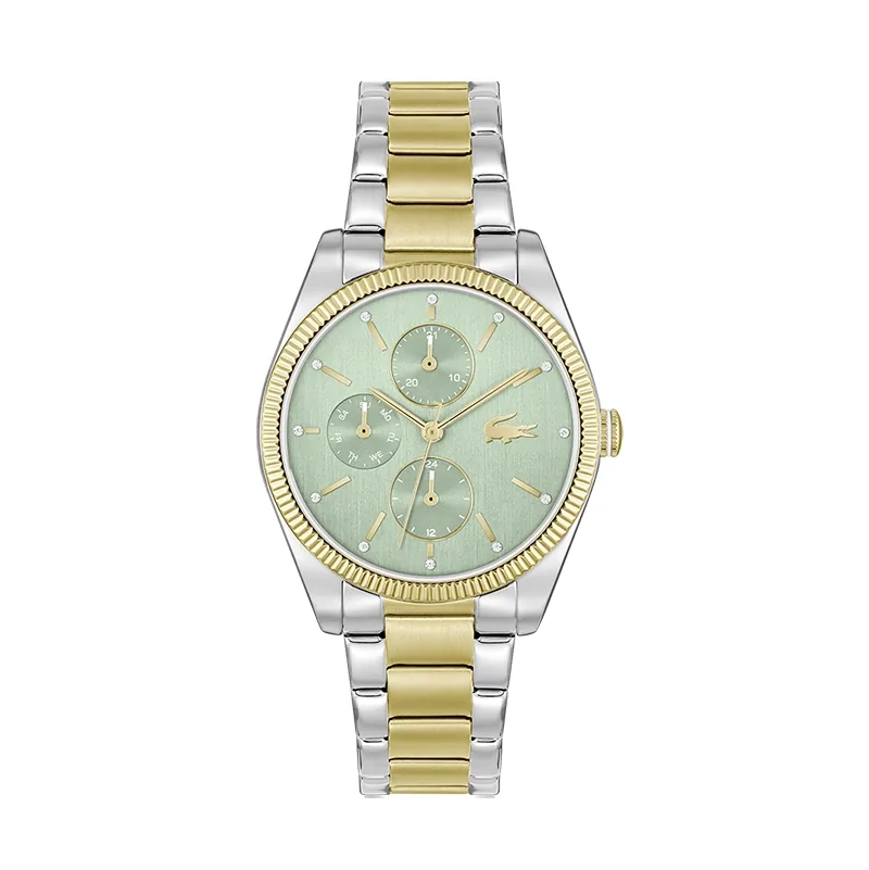 Reloj Lacoste analogo, para Dama, tablero redondo, estilo index + puntos, pulso acero