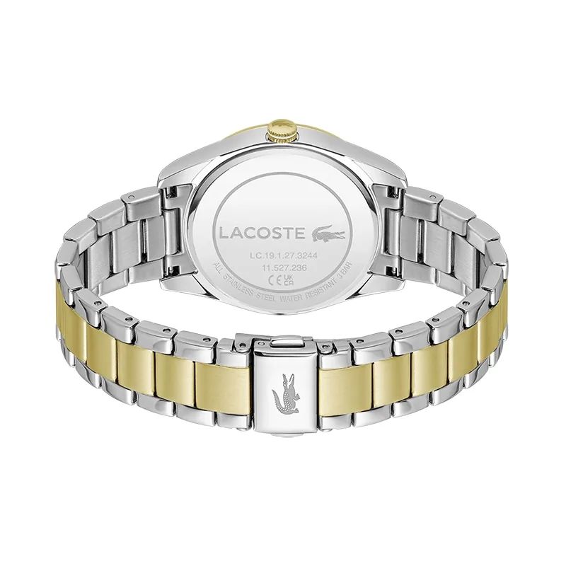 Reloj Lacoste analogo, para Dama, tablero redondo, estilo index + puntos, pulso acero