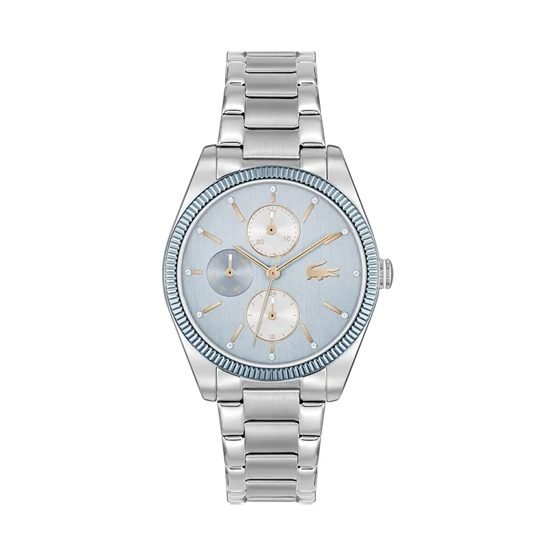 Reloj Lacoste analogo, para Dama, tablero redondo, estilo index + puntos, pulso acero