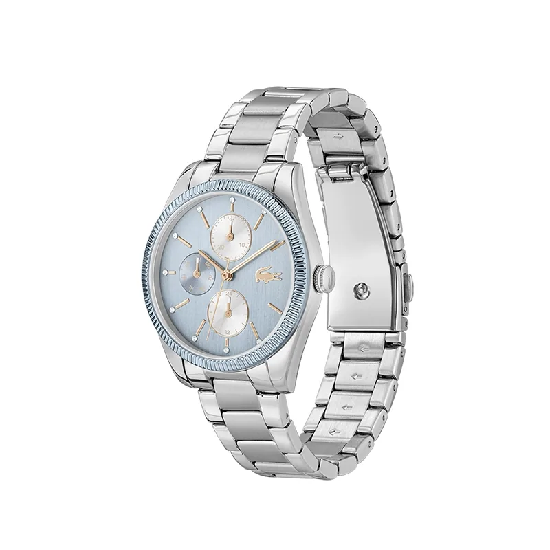 Reloj Lacoste analogo, para Dama, tablero redondo, estilo index + puntos, pulso acero