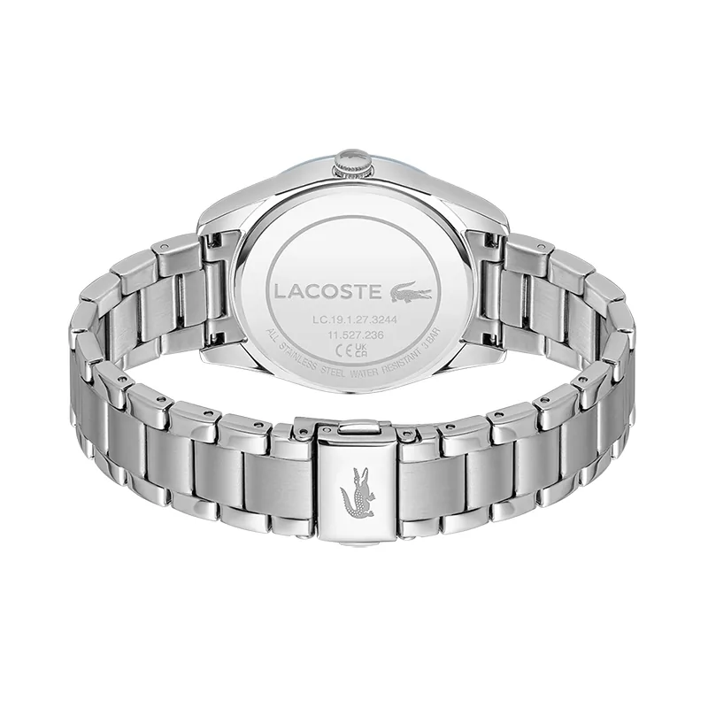 Reloj Lacoste analogo, para Dama, tablero redondo, estilo index + puntos, pulso acero