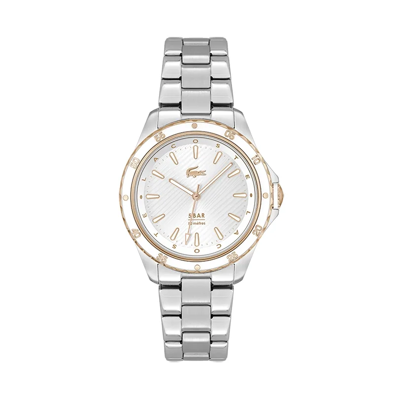 Reloj Lacoste analogo, para Dama, tablero redondo, estilo index, pulso acero