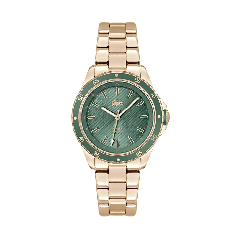 Reloj Lacoste analogo, para Dama, tablero redondo colores verde y rosa, estilo index, pulso acero color rosa