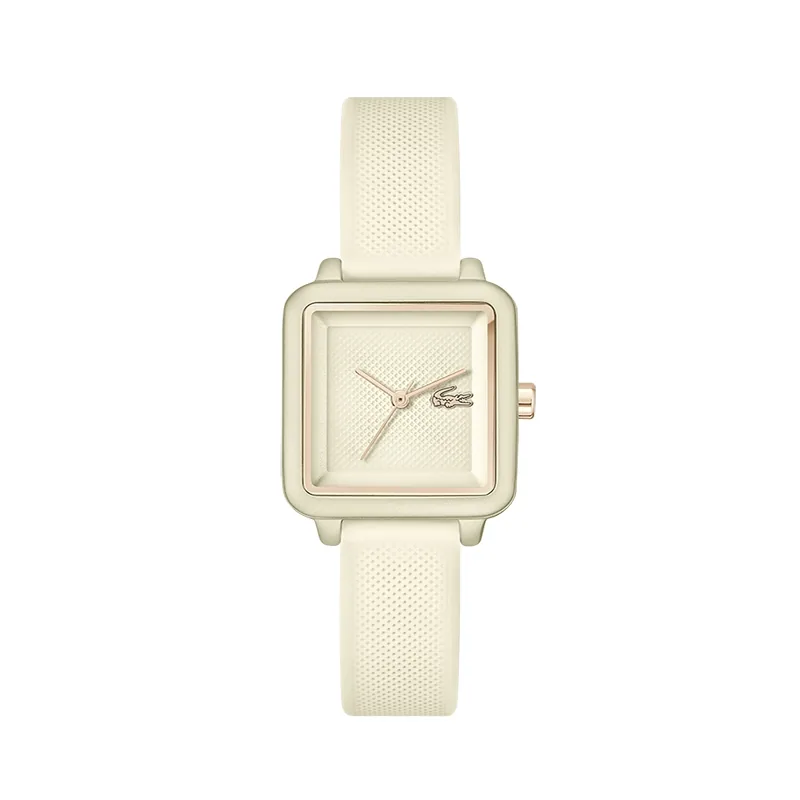 Reloj Lacoste análogo, para Dama, tablero cuadrado color beige, estilo sin números, pulso silicona color beige