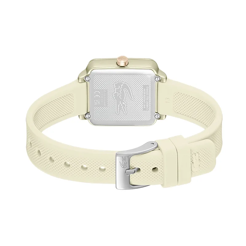 Reloj Lacoste análogo, para Dama, tablero cuadrado color beige, estilo sin números, pulso silicona color beige