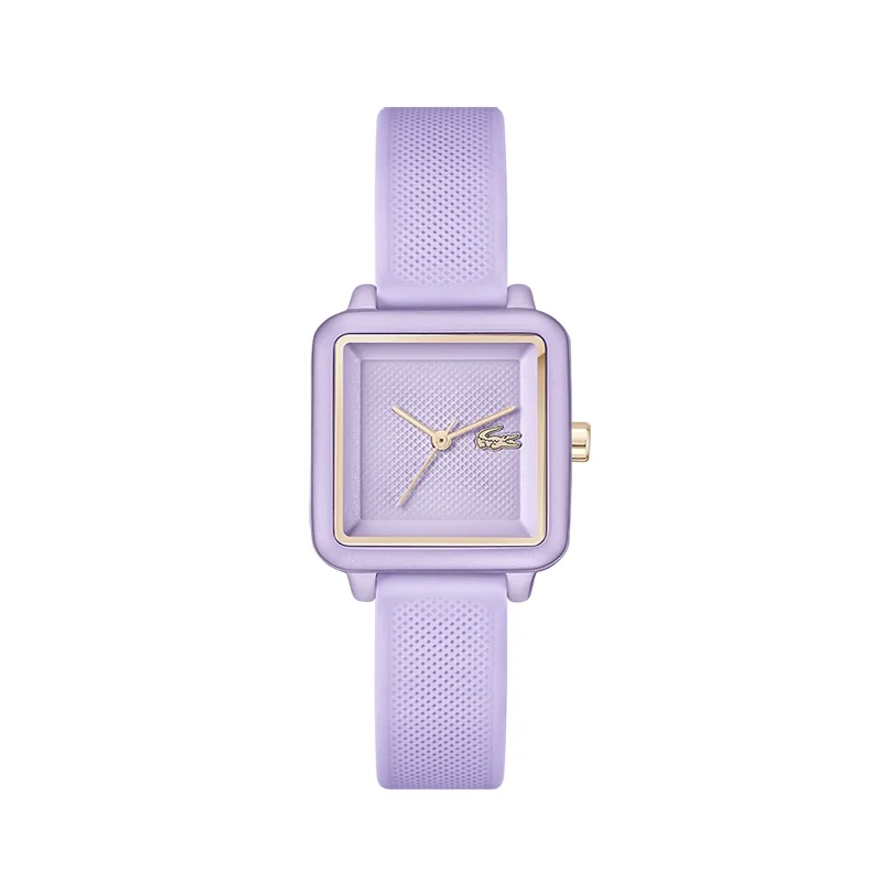 Reloj Lacoste analogo, para Dama, tablero cuadrado colores morado y rosa, estilo sin numeros, pulso silicona color morado