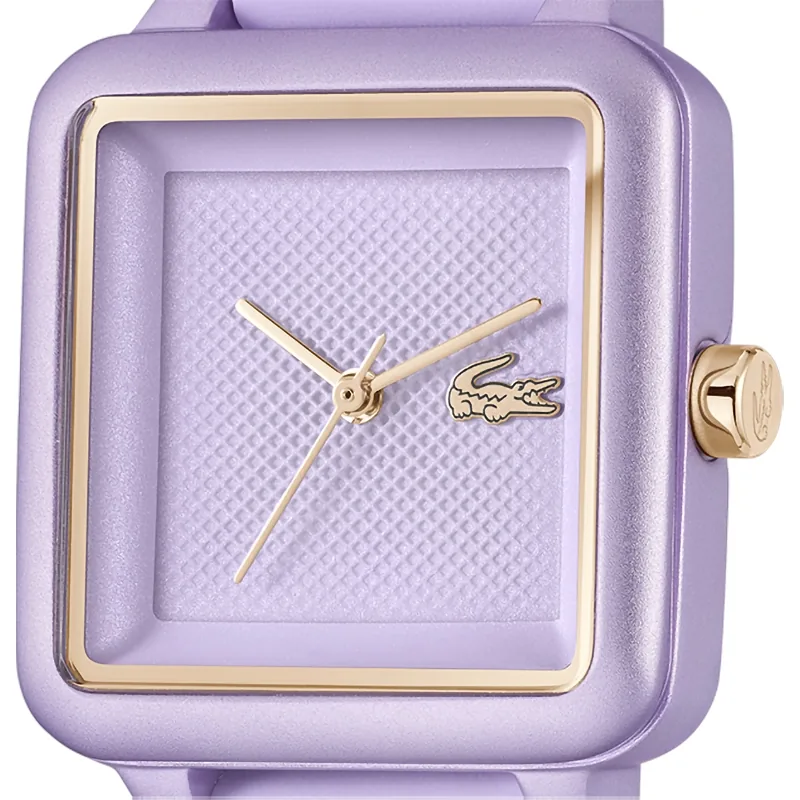 Reloj Lacoste analogo, para Dama, tablero cuadrado colores morado y rosa, estilo sin numeros, pulso silicona color morado