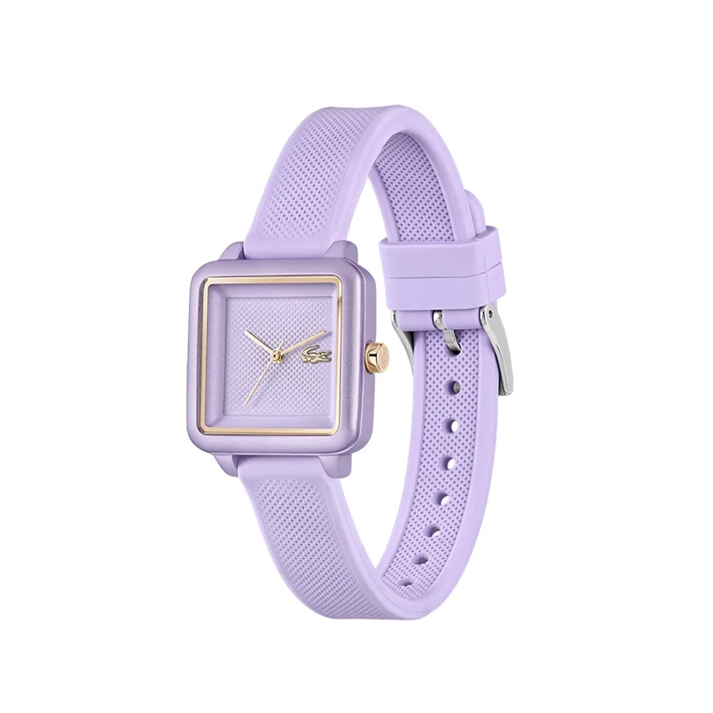 Reloj Lacoste analogo, para Dama, tablero cuadrado colores morado y rosa, estilo sin numeros, pulso silicona color morado