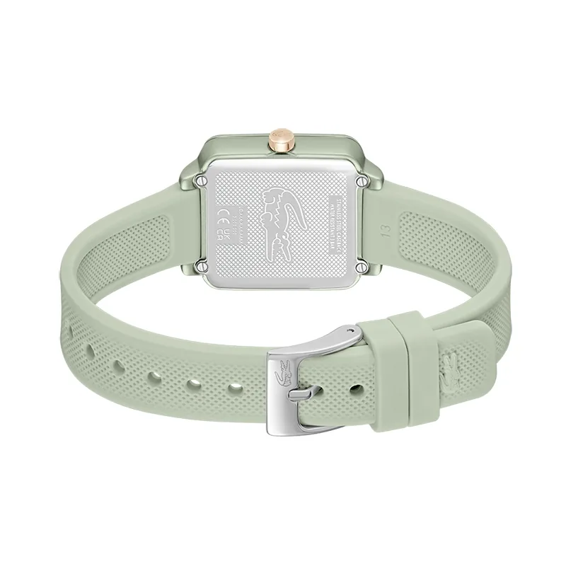 Reloj Lacoste analogo, para Dama, tablero cuadrado colores verde y rosa, estilo sin numeros, pulso silicona color verde