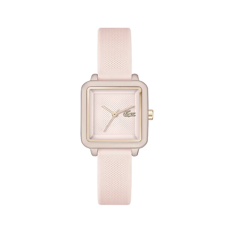 Reloj Lacoste analogo, para Dama, tablero cuadrado colores rosado y rosa, estilo sin numeros, pulso silicona color rosado