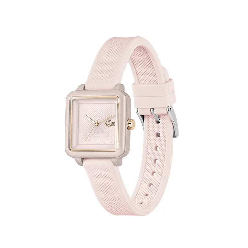 Reloj Lacoste analogo, para Dama, tablero cuadrado colores rosado y rosa, estilo sin numeros, pulso silicona color rosado