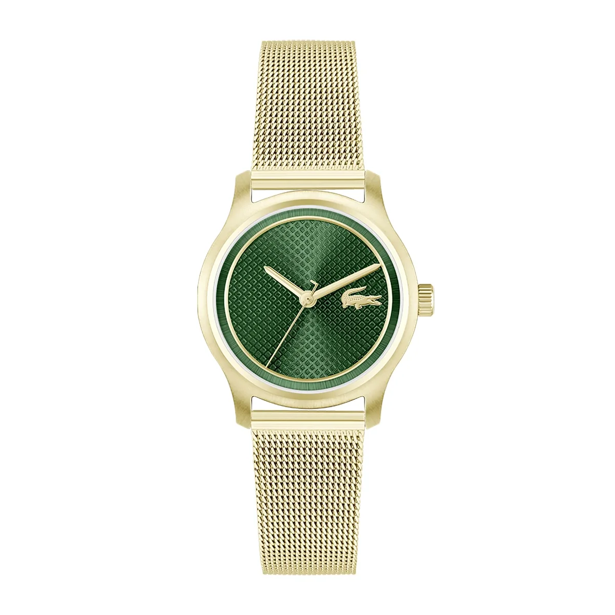 Reloj Lacoste analogo, para Dama, tablero redondo color verde, estilo sin numeros, pulso acero color dorado