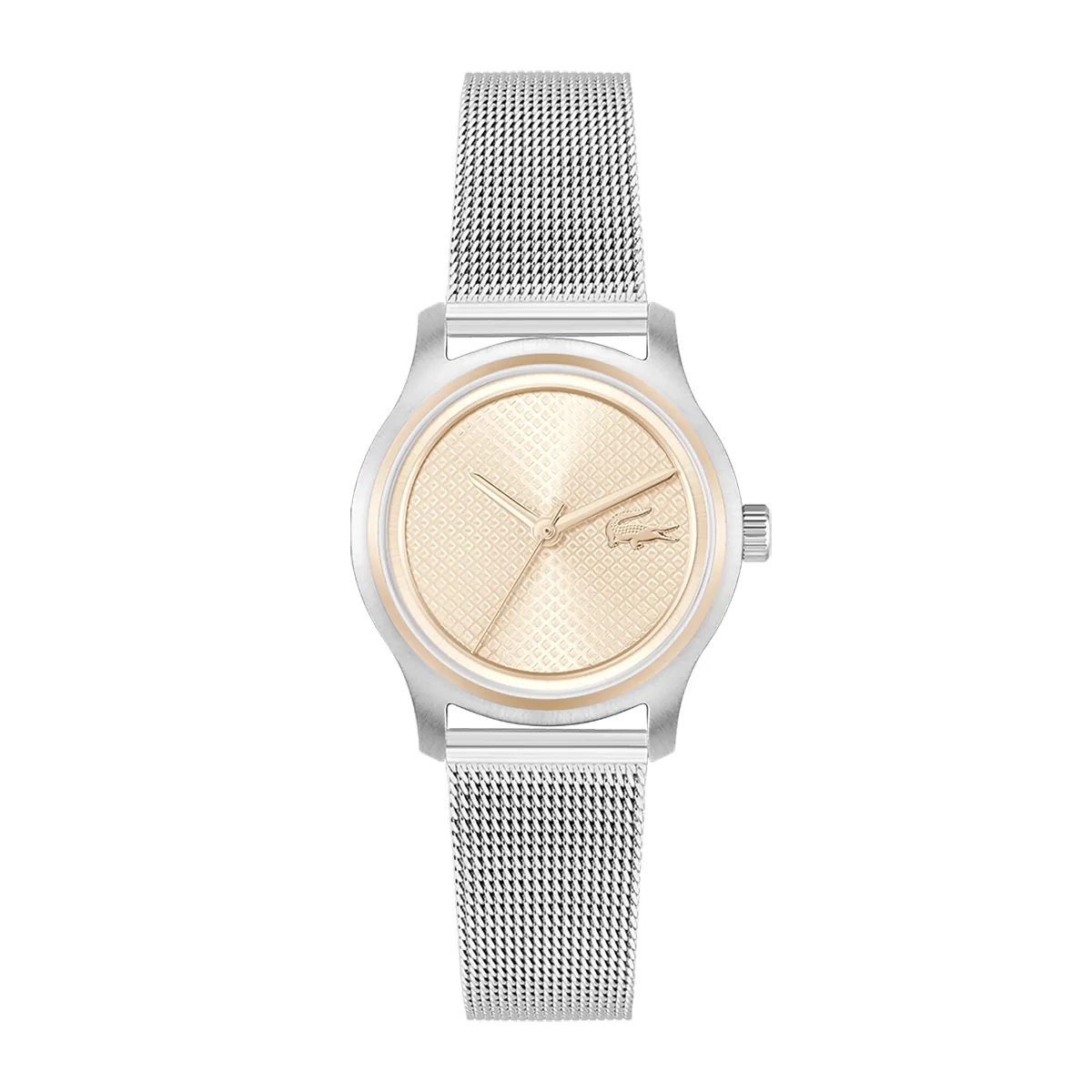 Reloj Lacoste analogo, para Dama, tablero redondo color rosa, estilo sin numeros, pulso acero color plateado