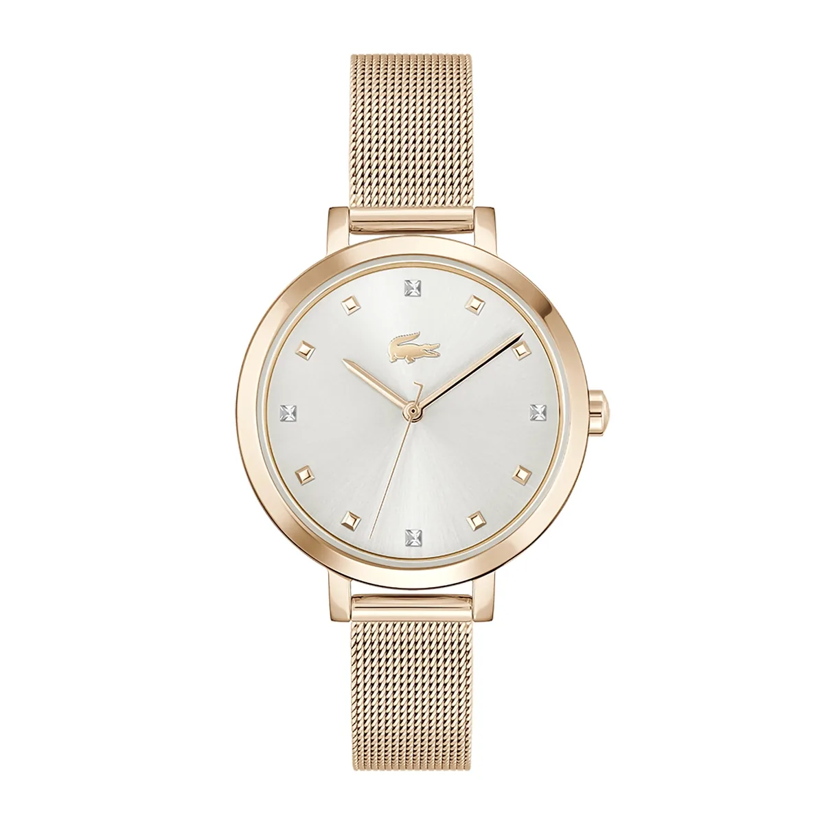 Reloj Lacoste análogo, para Dama, tablero redondo colores plateado y rosa, estilo puntos, pulso acero color rosa