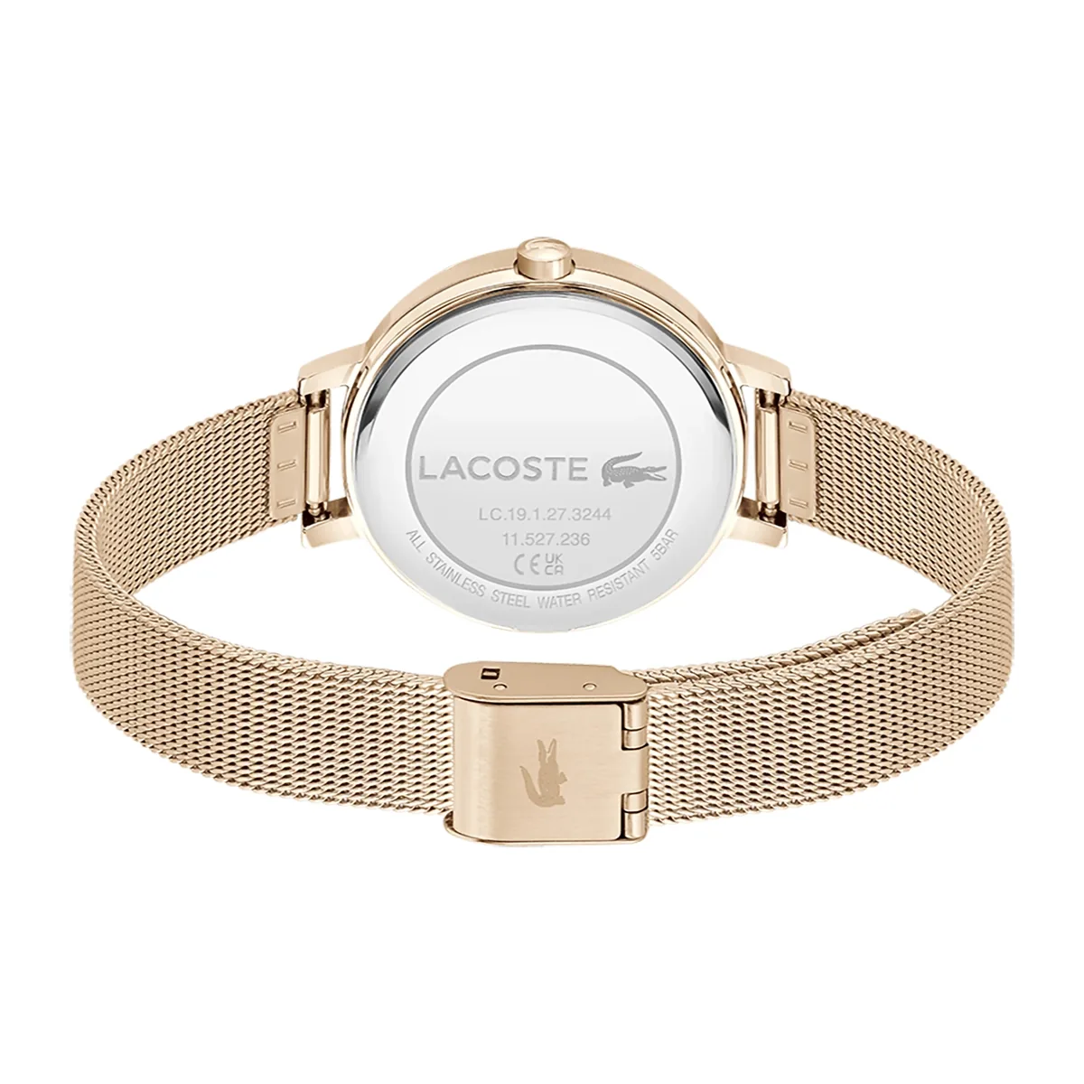 Reloj Lacoste análogo, para Dama, tablero redondo colores plateado y rosa, estilo puntos, pulso acero color rosa