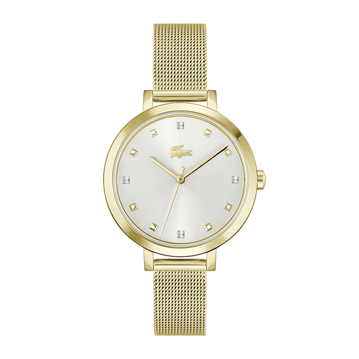 Reloj Lacoste analogo, para Dama, tablero redondo colores plateado y dorado, estilo puntos, pulso acero color dorado