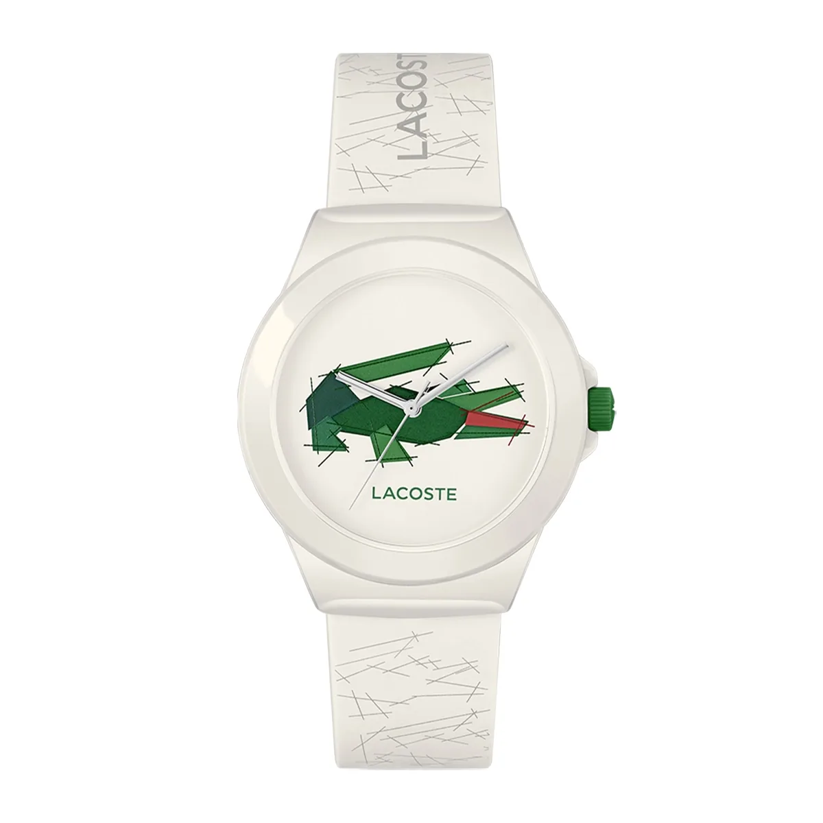 Reloj Lacoste analogo, Unisex, tablero redondo colores beige y verde, estilo sin numeros, pulso silicona color beige