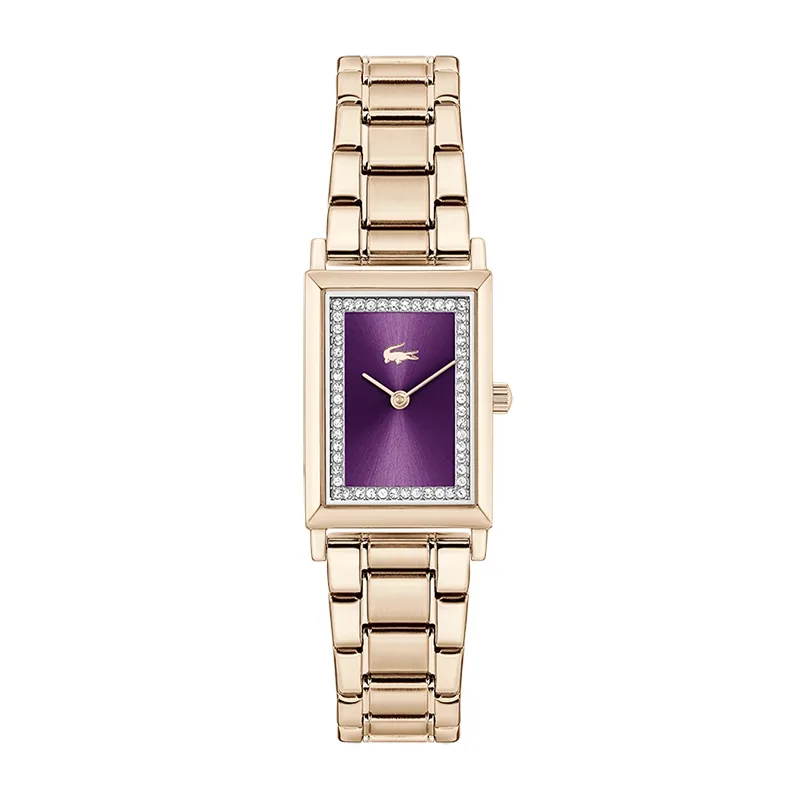 Reloj Lacoste analogo, para Dama, tablero rectangular color morado, estilo sin numeros, pulso acero color rosa