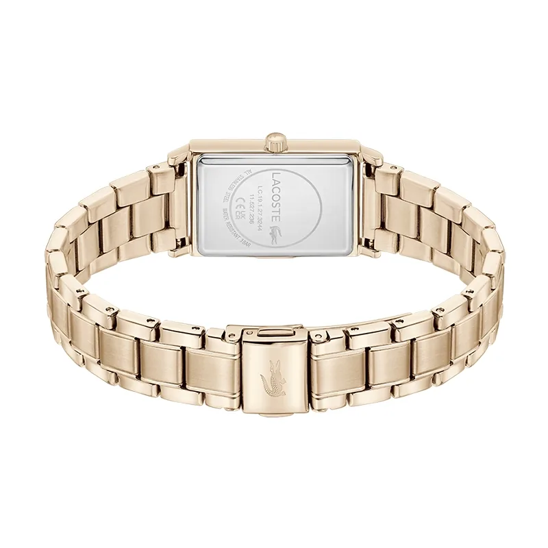 Reloj Lacoste analogo, para Dama, tablero rectangular color morado, estilo sin numeros, pulso acero color rosa