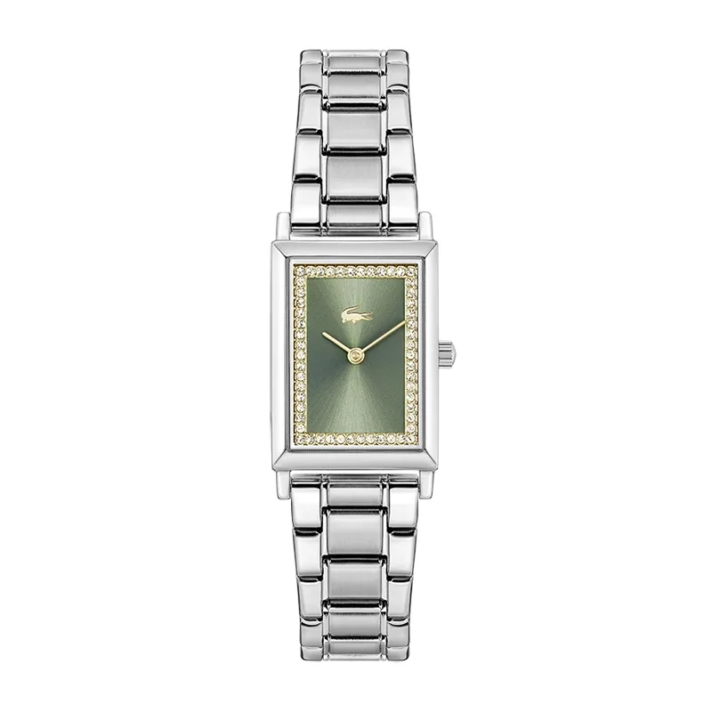 Reloj Lacoste analogo, para Dama, tablero rectangular colores verde y dorado, estilo sin numeros, pulso acero color plateado