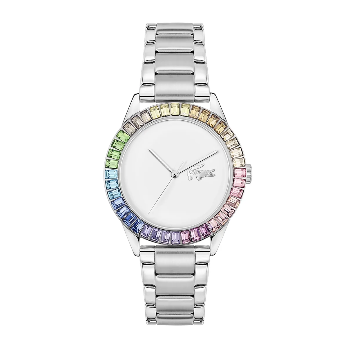 Reloj Lacoste analogo, para Dama, tablero redondo color blanco, estilo sin numeros, pulso acero color plateado