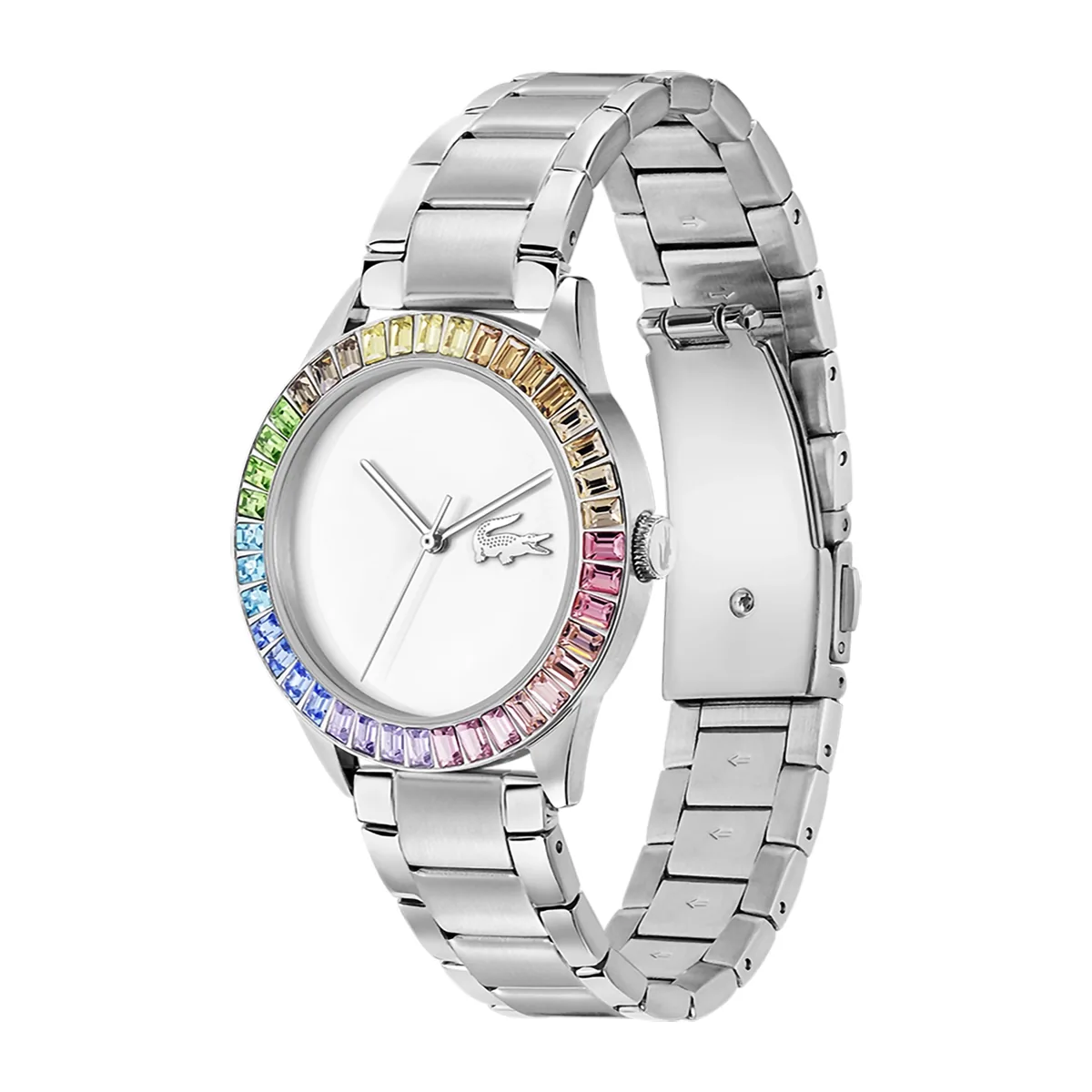 Reloj Lacoste analogo, para Dama, tablero redondo color blanco, estilo sin numeros, pulso acero color plateado