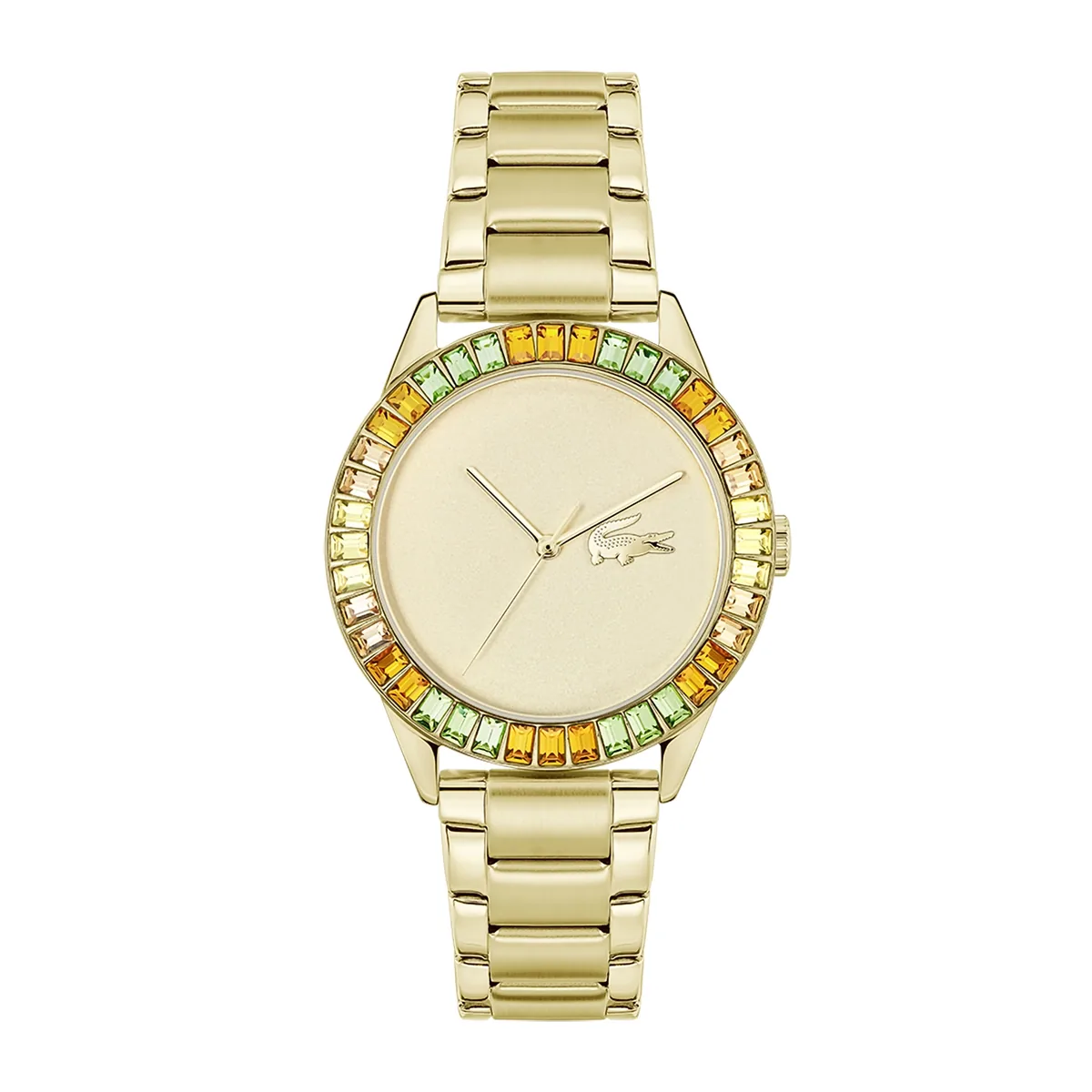 Reloj Lacoste analogo, para Dama, tablero redondo color dorado, estilo sin numeros, pulso acero color dorado